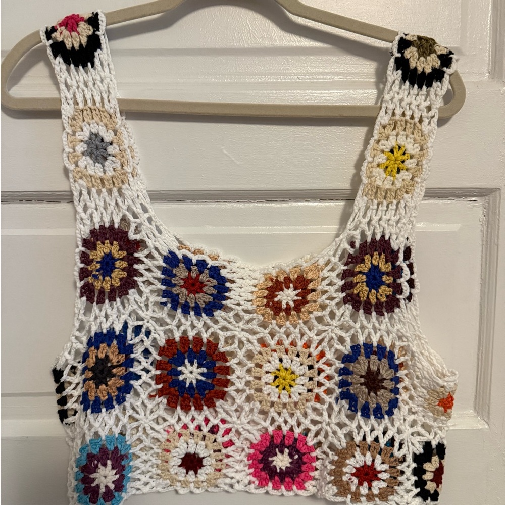 SHEIN White Crochet Multicolor Floral Crop Top